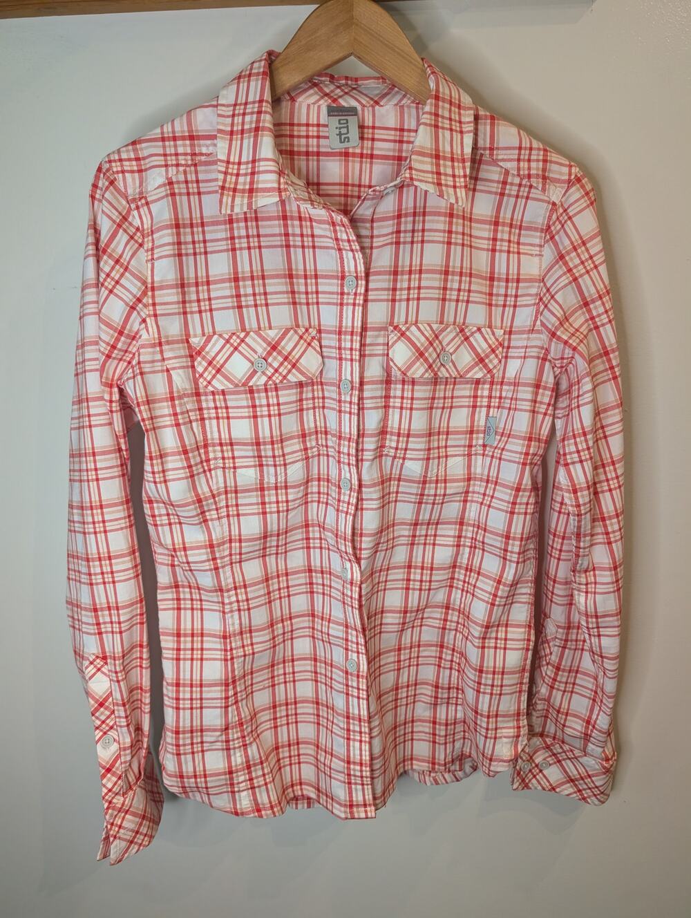 Stio Womens Plaid Button Down Shirt M Coral Red White Hiking Outdoor Western